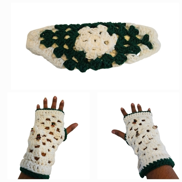 Hand Crafted 3pc Set Fingerless gloves headband white granny square Retro gloves - Picture 10 of 17